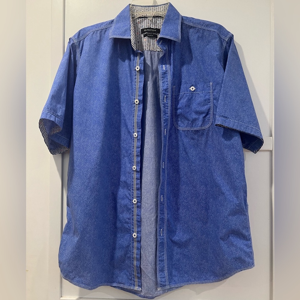 Men’s Bucatchi Short Sleeve Button Down Blue striped 100% Cotton Shirt L